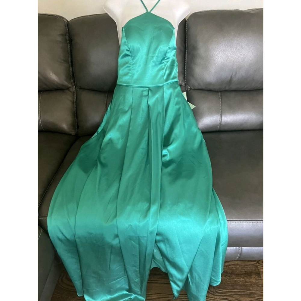My Michelle Teal Satin Formal Gown – Strappy Back & Side Slit - Picture 6 of 6